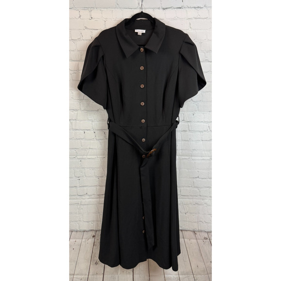 CALVIN KLEIN black full button belted short pleated sleeve dress size 20W NWT - Picture 1 of 8
